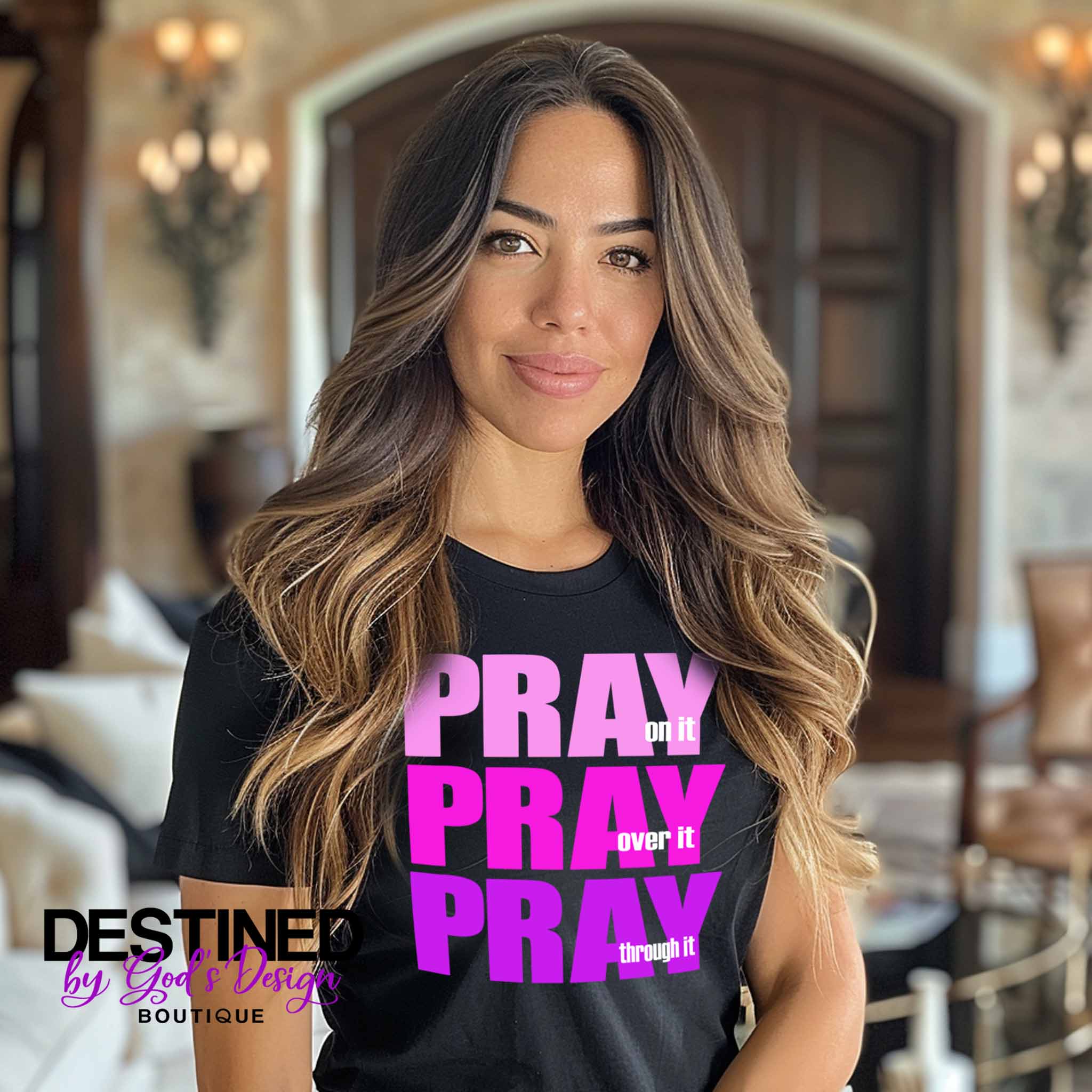 Pray On It, Over It, Through It T-Shirt (purple/pink)